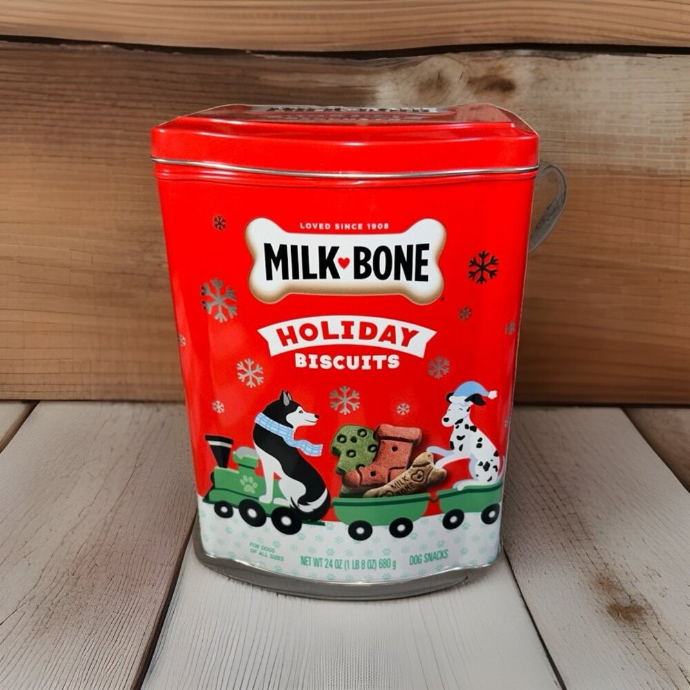 Milk-Bone Dog Holiday Biscuits Empty Collectors Tin Red Canisters 7.5”x 6” X 3”